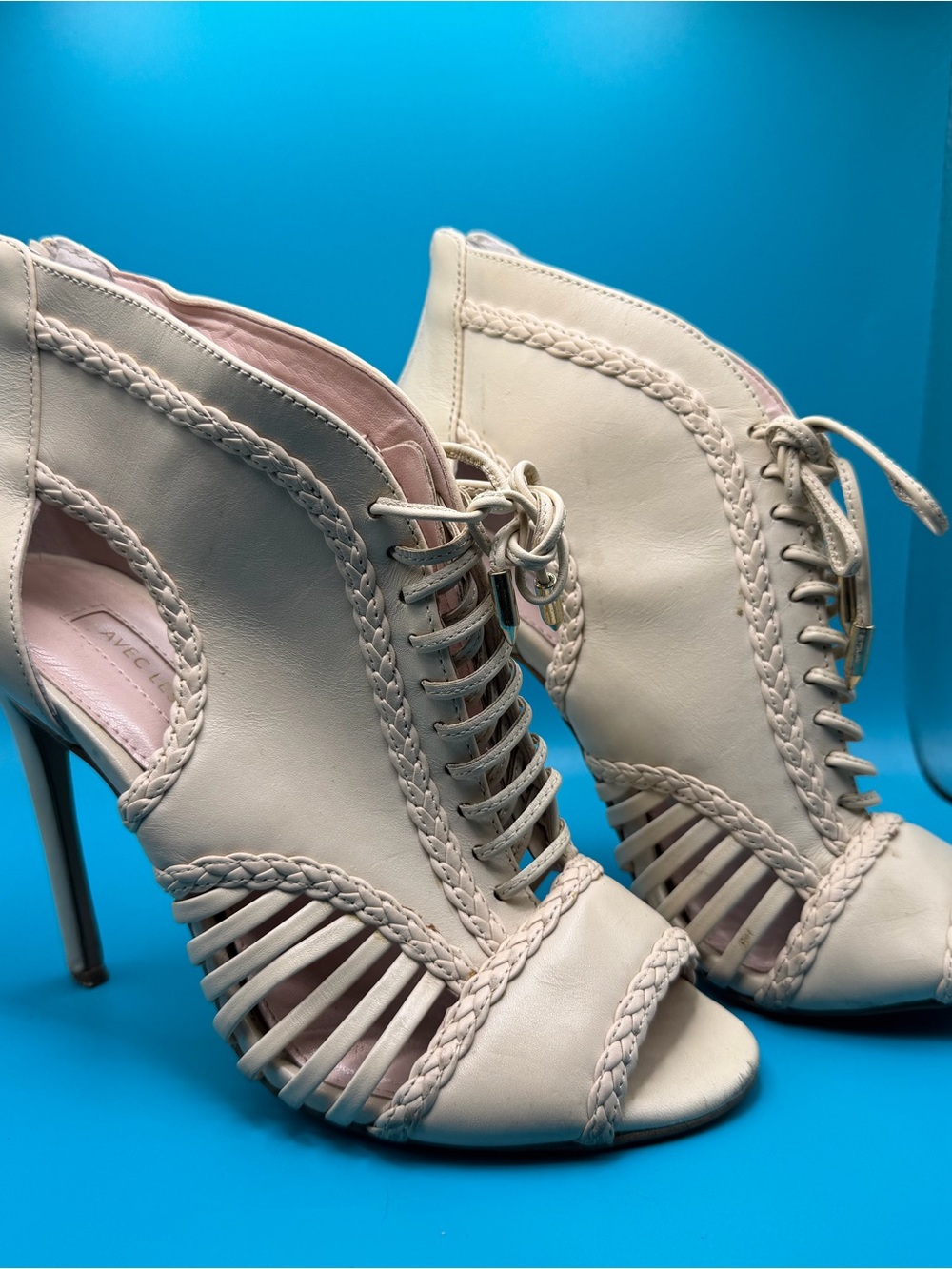Avec Les Filles Cream Lace-Up Braided Peep-Toe High Heel Sandals
